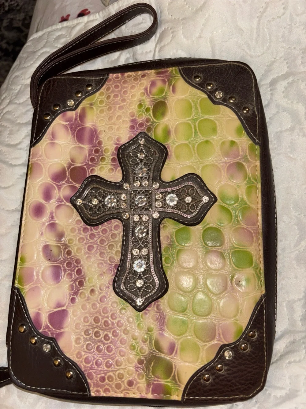 Embellished Cross bible case in Multicolor Pastel Croc. 11x8